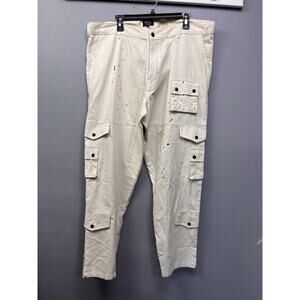 BoohooMan Relaxed Fit Paint Splatter Cargo Pant Mens 42 Trouser zipper ankle NEW